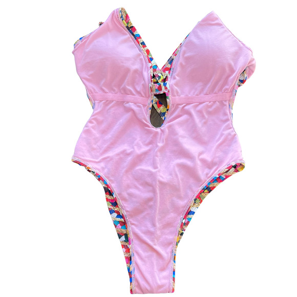 Sam Edelman Swim Medium One Piece Plunge Multicolored Raffia Print Bathing Suit - Picture 3 of 8